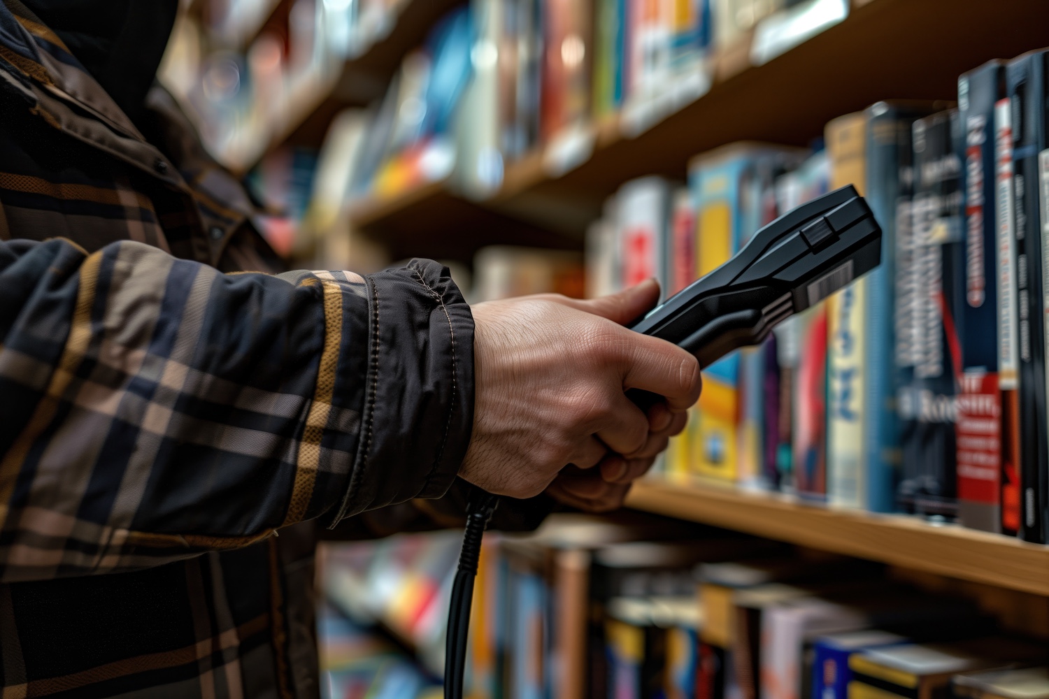 Bookstore employee's hands using a handheld scanner to scan a book barcode