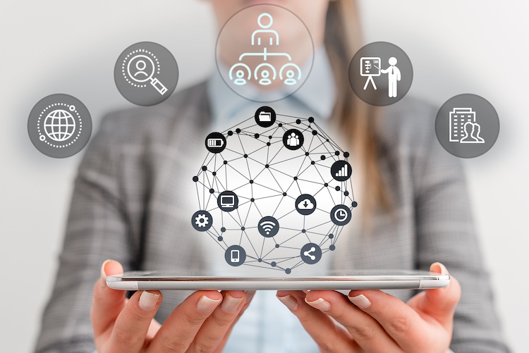 Female human wear formal work suit presenting presentation use smart device