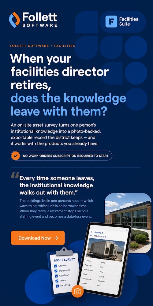 Follett Software Facilities Suite asset survey promotion with a Download Now call to action.