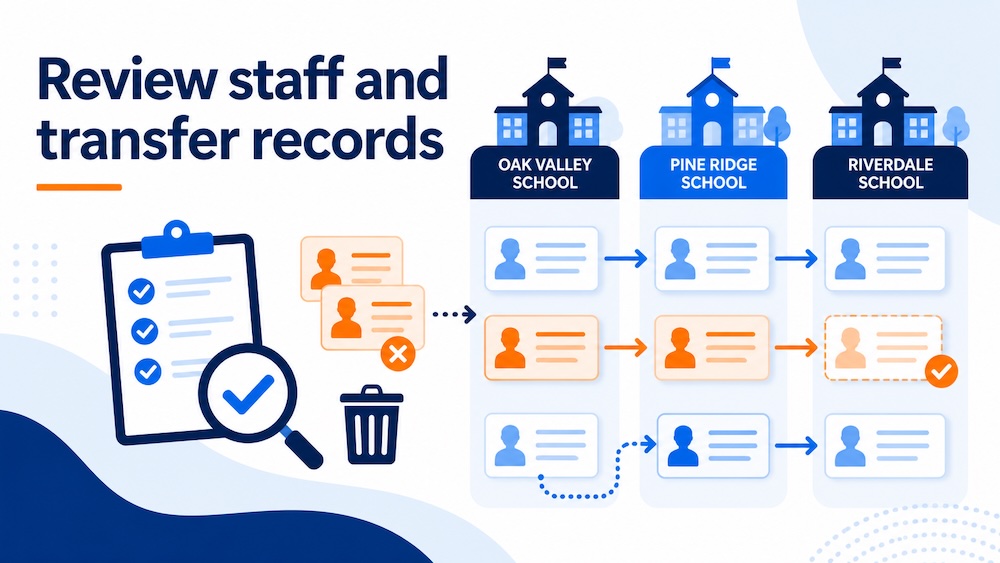 Review staff and transfer records across school sites before completing beginning-of-year cleanup.