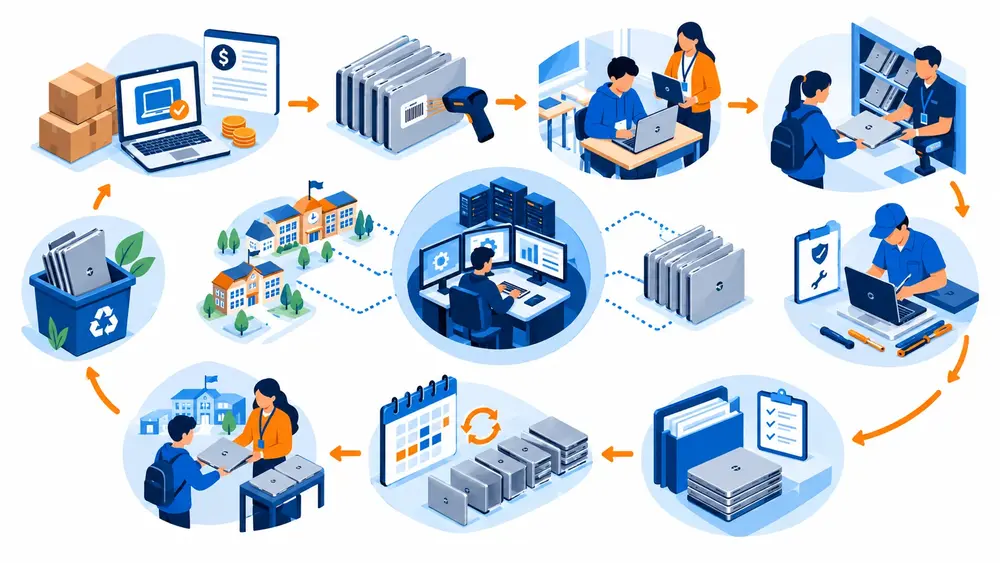 A repeatable device lifecycle connecting procurement, accountability, service, and retirement.