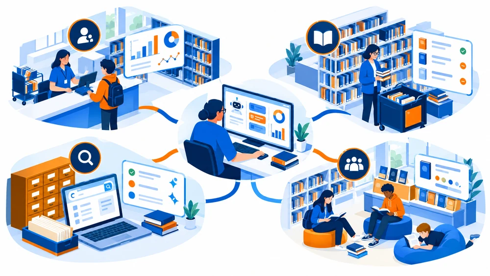 Library workflows connected through practical AI-assisted questions.